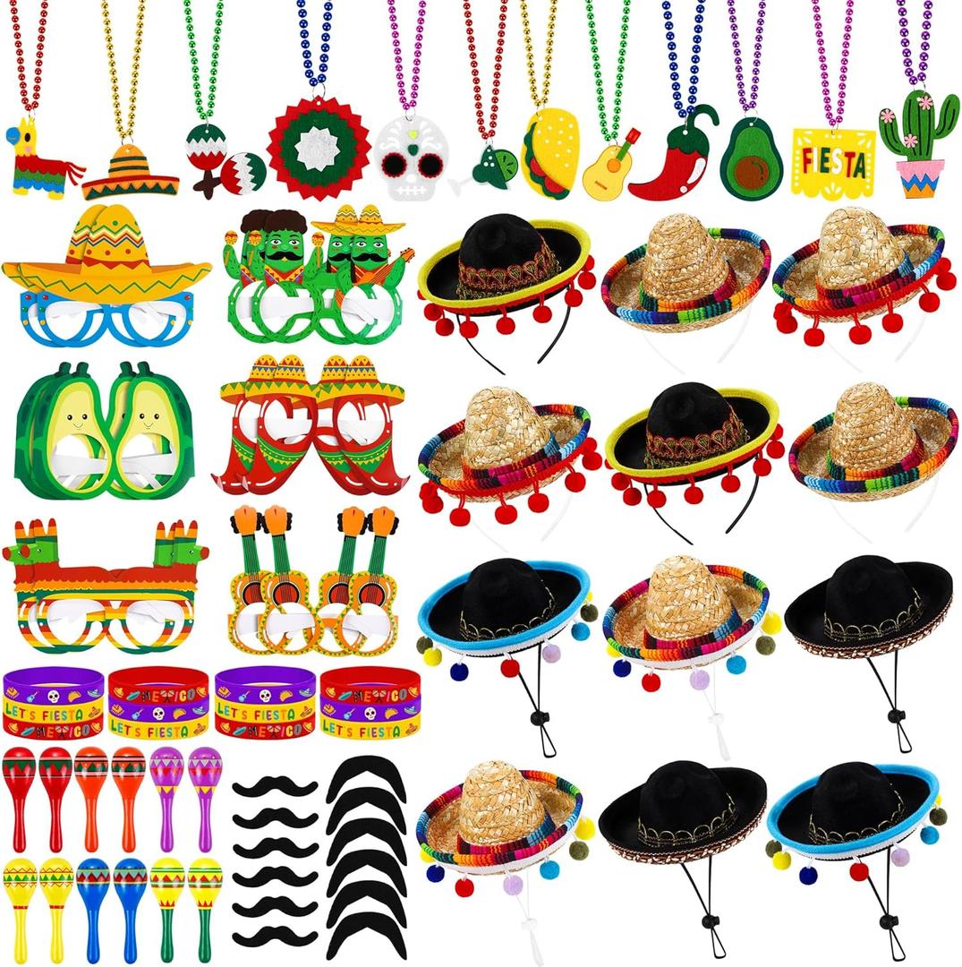 Fovths 72 Pieces Mexican Fiesta Party Supplies Mexican Party Favors Include Fabric Straw Sombrero Headbands Necklaces Eyeglasses Mustaches Plastic Maracas Silicone Bracelets Cinco De Mayo Party Decor