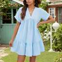 2025 Women's Solid Color V-Neck Loose Pleated Dress (Medium, Blue)