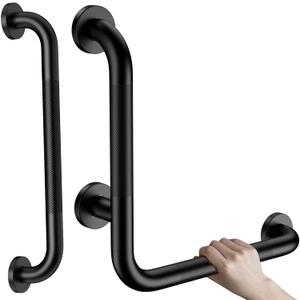 16 Inch Angled Grab Bar, iHansee Anti Slip L-Shaped Shower Grab Bar w/ 16 Inch Straight Bathroom Balance Bar, Knurled Stainless Steel Safety Handle for Seniors Elderly Injury Handicap, Matte Black