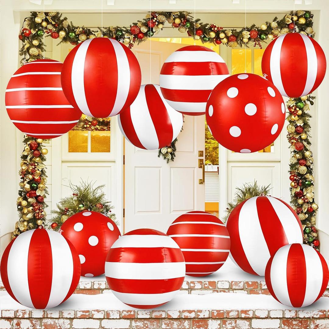 Christmas Decorations Outdoor: 12pcs Red & White Peppermint Candy Inflatable Christmas Balls, Big and Small PVC Balls Xmas Ornaments for Tree Yard Wall Front Porch Door Home Office Party Decor