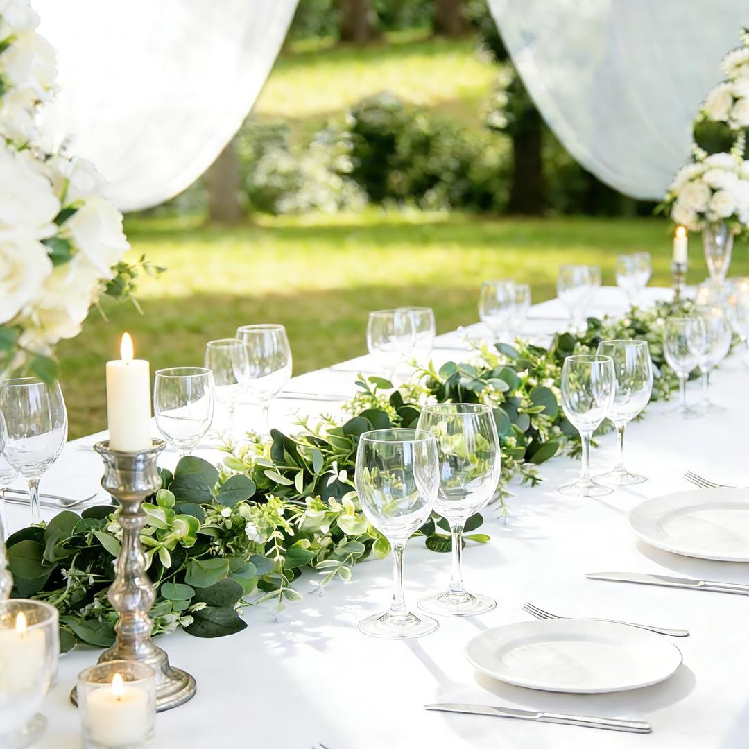 Eucalyptus Garland with White Flowers 4Pack: 5.9Ft Artificial Faux Greenery Vines for Valentine's Day Table Runner Wedding Bedroom Mantle Centerpieces Backdrop Decorations