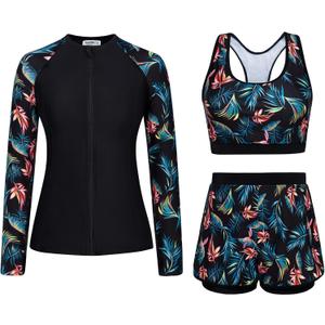 Plus Size Long Sleeve Workout Tops for Women 3 Piece Rashguard Swimsuit Modest Swimwear Blue Leaves 2XL