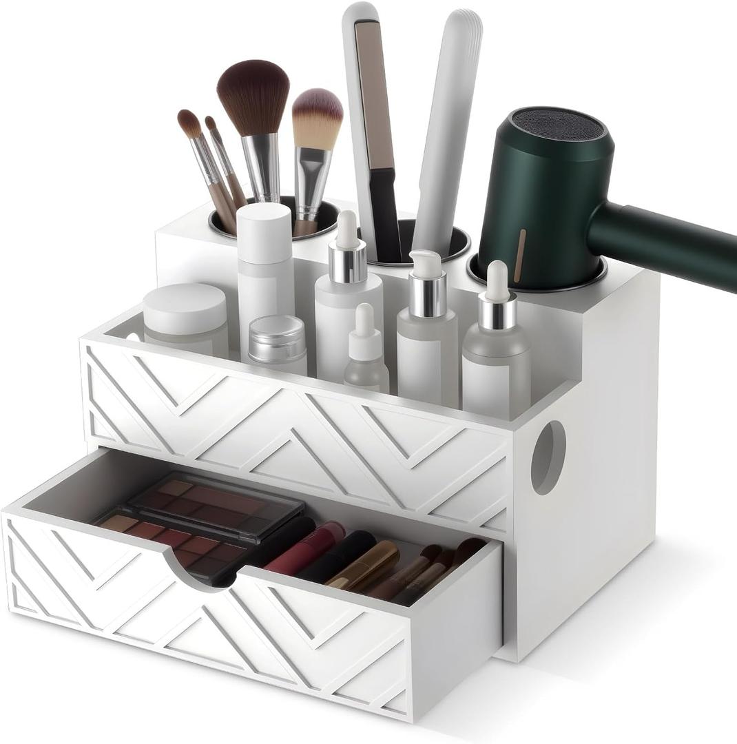 Hair Tool Organizer with Drawer, Hair and Makeup Bathroom Vanity Organizers and Storage Fits Blow Dryer, Curling Iron, Makeup Brushes, Skincare, Hot Tools Organizer for Tidy Counter(White)