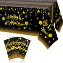 4 Pack Happy New Year Tablecloth Black & Gold Plastic New Years Table Decorations for New Years Eve Party Supplies Indoor Outdoor Home Party Decor,54x108Inch