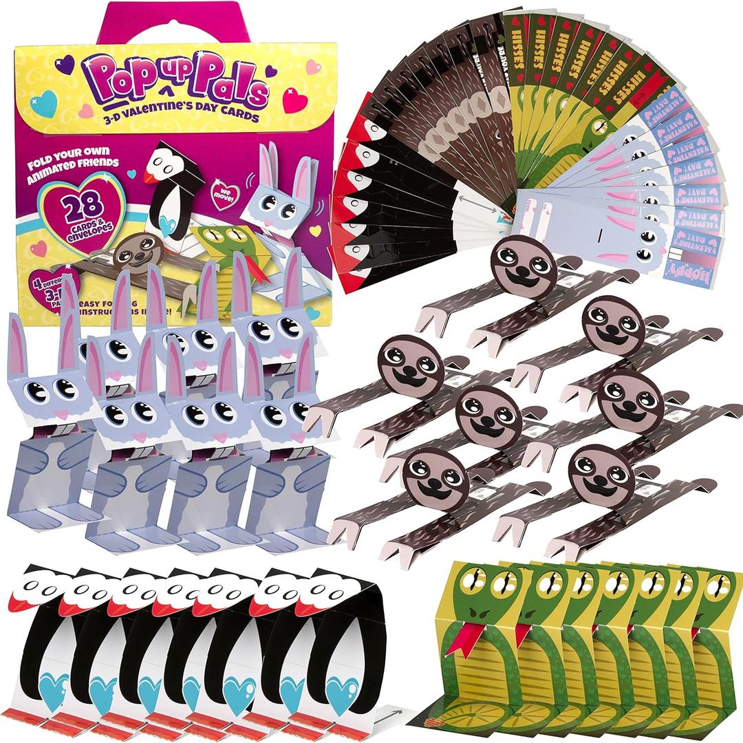 Valentines Day Cards for Kids Classroom - 28 Pack 3D Valentine Animal Paper Crafts - Pop Up Pals Foldable Origami Party Favors - Fun Valentines School Exchange Gifts & Vday Cards for Boys & Girls