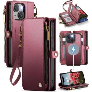 Defencase for iPhone 15 Magnetic Wallet Case Compatible with Magsafe with RFID Blocking Zipper & Card Holder for Women Men, PU Leather Strap Detachable Phone Case for iPhone 15 (6.1 inches), Wine Red