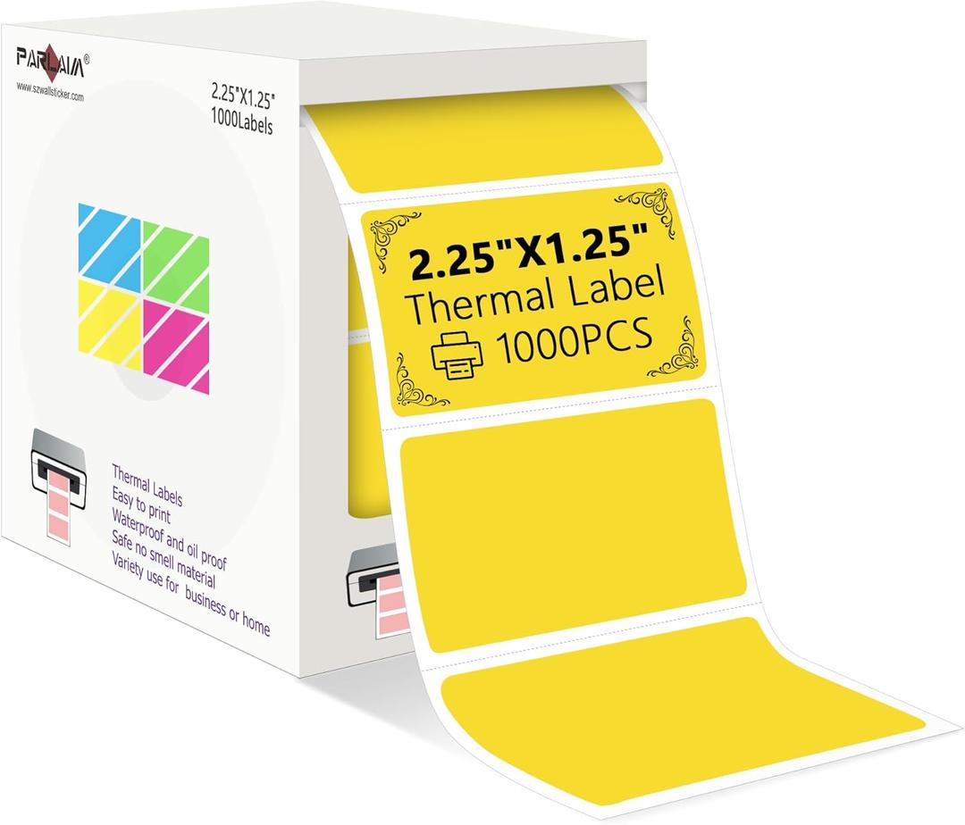 PARLAIM 2.25x1.25 Thermal Labels,1000 Labels Rectangular Direct Thermal Stickers Labels Roll Compatible Thermal Printer, Mailing Labels, Shipping Labels Self-Adhesive Direct Thermal Labels (Yellow)