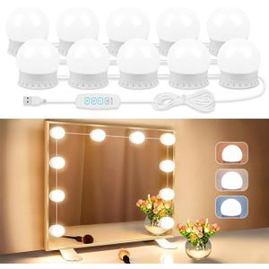 LED Vanity Lights For Mirror, Vanity Lights Stick on with 10 Dimmable Bulbs, 3000K 4000K 6500K & 10 Level Brightness Adjustable, USB Cable, Hollywood Mirror Lights for Makeup Dressing Room Bathroom