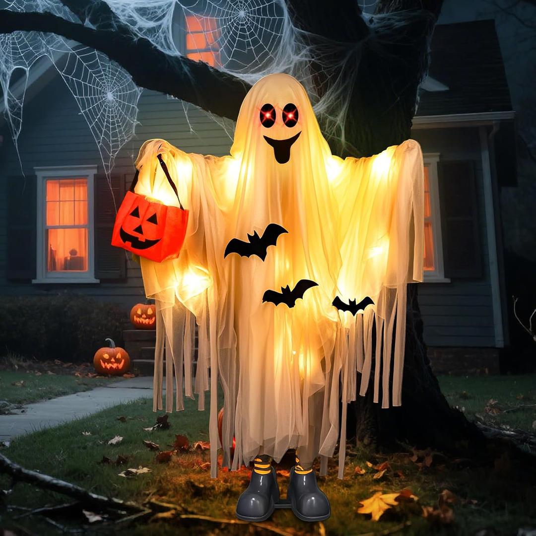 Halloween Outdoor Decorations Light up Standing Ghost with Pumpkin Bucket and Red Eyes, 44 Inch Spooky White Ghost Halloween Decoration for Yard Lawn Garden Party Haunted House Decor Indoor Outside