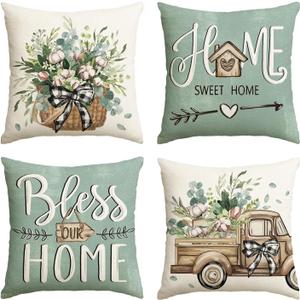 AVOIN colorlife Bless Our Home Farmhouse Eucalyptus Leaves Throw Pillow Covers, 20 x 20 Inch Blue Truck Home Sweet Cushion Case Decorations Set of 4