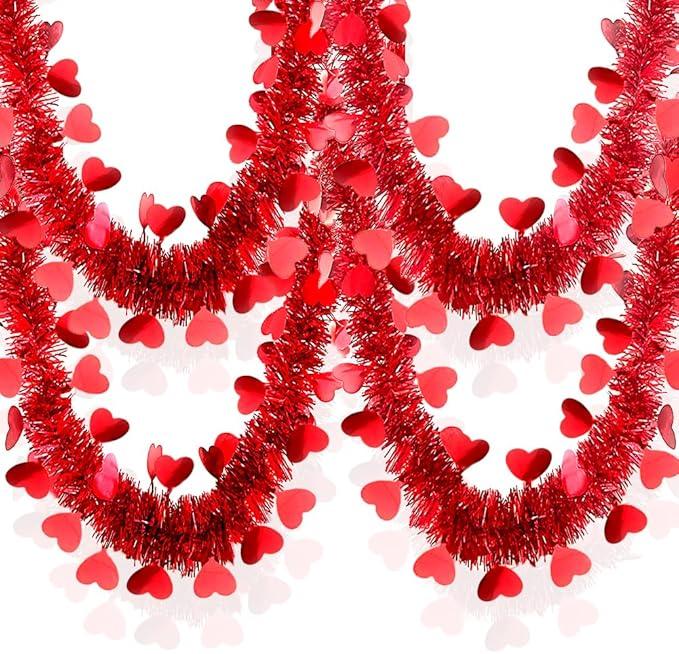 Valentines Day Decor 33Ft Tinsel Red Heart Garland Glitter Metallic Twist Valentine Decorations for Indoor Outdoor Holiday Home Tree Mantle Party Office Parade Floats Ornaments - Red 1