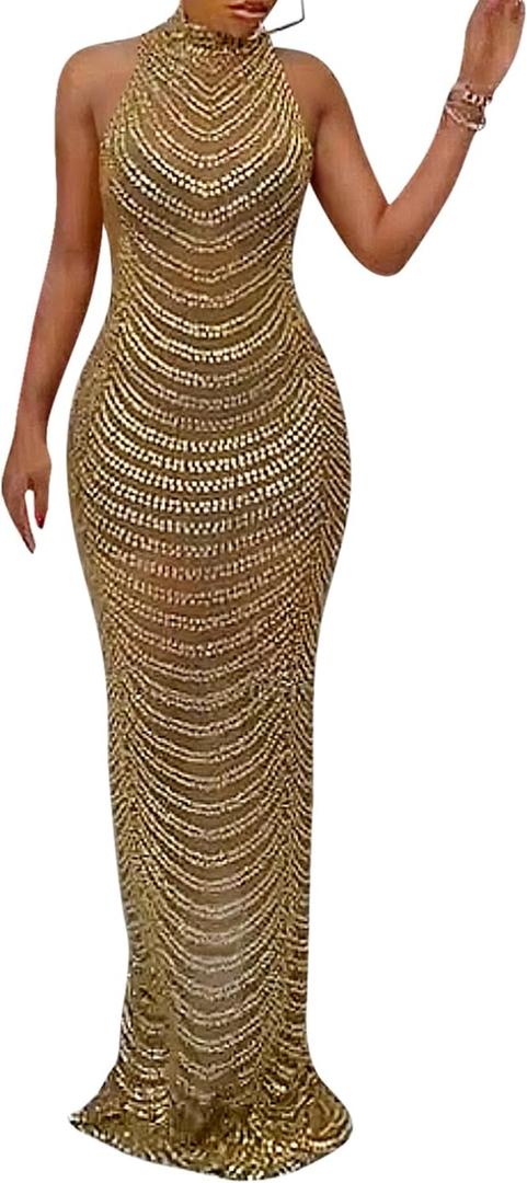 Nagfar Women Rhinestone and Sequin Birthday Party Sexy Club Night Out Holiday New Years Formal Dress (3X-Large, 7 Gold)