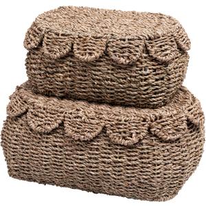Set of 2 Hand Round Wicker Storage Baskets, Rattan Basket Decorative Boxes, Woven Storage Box Seagrass Baskets with Lids, Scalloped Edge Wicker Basket with Lid