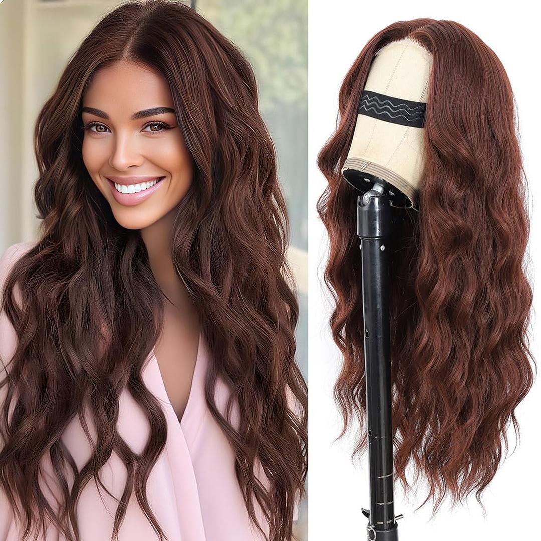 Chocolate Brown Lace Front Wig for Women 5x4x1 Lace Hairline Long Wavy Middle Part Glueless Wig Heat Resistant Synthetic Wigs for Daily Party Use 24 Inch