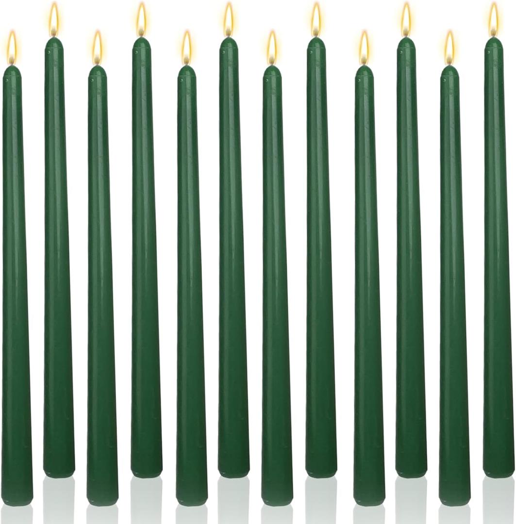 Hunter Green 12 Inch Taper Candles Unscented Smokeless Long Tall Tapered Candle for Candlesticks Sticks Wedding Advent Home Decor Dinner ChristmasSet of 12