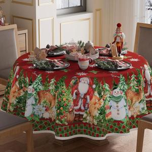 XCHI Snowman Santa Deer Winter Christmas Tablecloth Round Christmas Table Cloth Washable Table Coversfor Indoor Dining Home Party Xmas Decorations 70x70 Inch