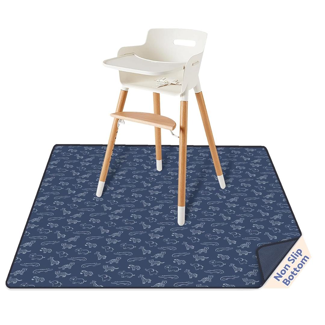 Blissful Diary Baby Splat Mat for Under High Chair, 50.4 x 50.4 Inch Wipeable Splash Mat, Waterproof and Washable, Anti-Slip Floor Protector, Safari Animals