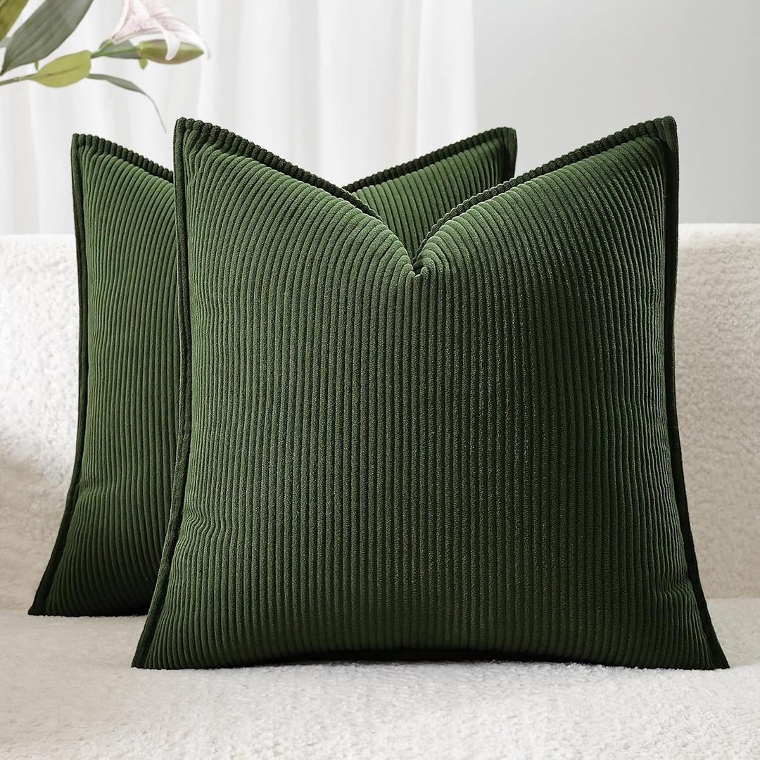 Corduroy Throw Pillow Covers 18x18 Set of 2  Boho Decorative Pillow Covers for Couch, Sofa, Bed  Soft Square Cushion Covers for Living Room Decor (No Insert) Dark Green