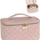 Prite Makeup Bag, Large Capacity Portable Travel Cosmetic Bag, Waterproof Makeup Organizer for Women with Handle and Divider (001 Checkered Pink)