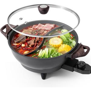 TWIN Electric Hot Pot with Divider | PFAS-Free Ceramic Nonstick Pot | EvenHeat Cast Aluminum Body | 1500W Fast Heating | Dual-Flavor Shabu Shabu Pots for Family Use 