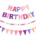 CANREVEL Pre-Strung 3D Rainbow Happy Birthday Banner, 3 PCS Happy Birthday Felt Sign, Pom Pom Garland, Triangle Fabric Bunting, Colorful Reusable Birthday Decorations for Women Men Girls Boys, Purple