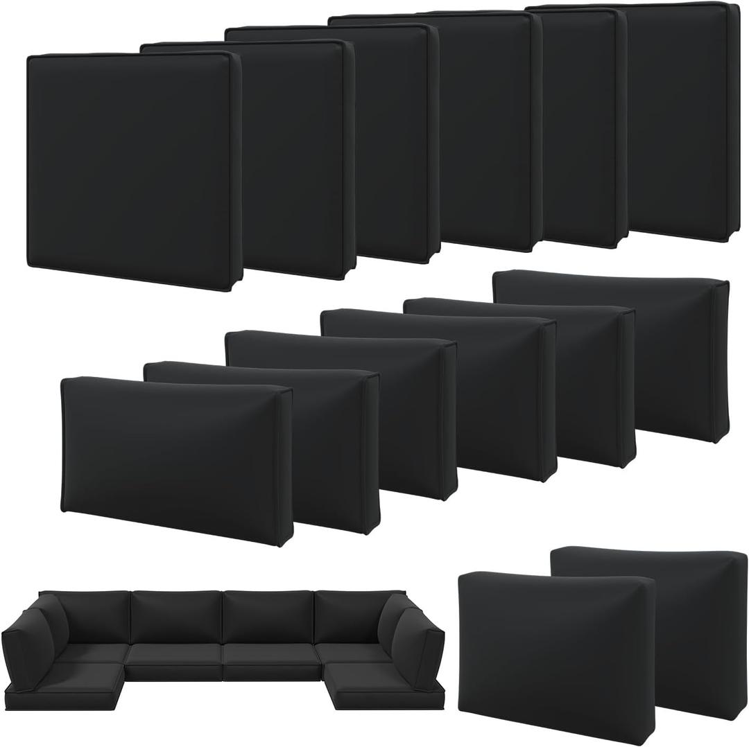 Aoxun 14pcs Patio Cushion Covers Replacement, Waterproof Outdoor Furniture Cushion Covers with Zipper and Non-Slip Bottom, Patio Sofa Couch 3 Sizes for Patio Sectional, Covers Only (Black)