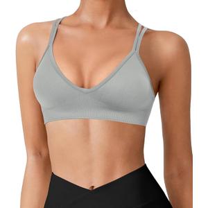 VEQING Seamless V-Neck Women Sports Bras, Padded Cross Back Wireless Low Impact Workout Yoga Bras for Small Chests, (2pack(gray+brown))