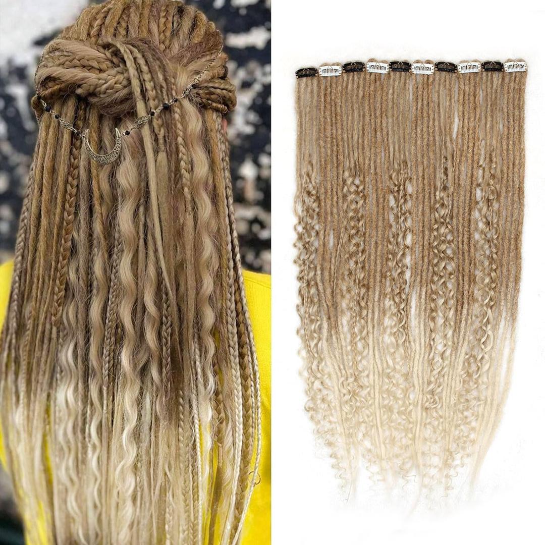 24 Inch Clip in Dreadlock Hair Extensions 10Clips 40 Strands Mixed Synthetic Dreads Extensions for Women,Handmade Soft Straight Boho Wavy Dreads,27/613 (Brown/Blonde)