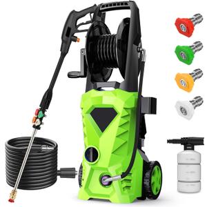 5000PSI Electric Pressure Washer - 2025 New Electric Power Washer with Upgraded 33ft Pressure Washer Hose Reel, Foam Cannon, 4 Nozzle Set, Power Washer for House/Patios/Car/Fence, Green (Green)