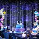 2 Pcs Galaxy Foil Curtains Backdrop for Space Themed Party Decorations, Iridescent Tinsel Curtains Blue Streamers for Space Astronaut, Music Birthday Party Decorations