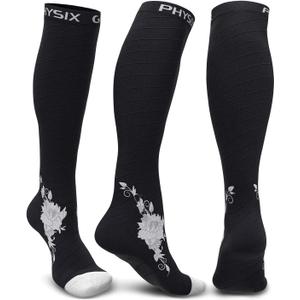 Physix Gear Compression Socks 20-30 mmHg - Men & Women - Running, Nurses, Shin Splints, Flight, Travel (Black/Grey Flower)