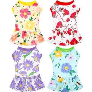 4PCS/Pack Floral Dog Dresses Sleeveless Spring Summer for Medium Dogs Girl Female Red Green Yellow Purple Skirts Flower Sundress for Holiday Party Wedding Lightweight Breathable Stretchy M