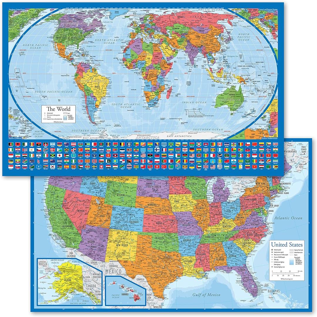 2 Pack - Laminated World Map Poster & USA Map Set - Equal Earth world map design shows continents at true relative size - US Map 18 x 29 (Blue)
