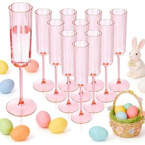 YOUBET 36 Pack Pink Champagne Flutes Plastic - 6 Oz Flower Wavy Champagne Plastic Glasses - Heavy Duty Vintage Disposable Flutes for Wedding Party Birthday Easter Mothers Day