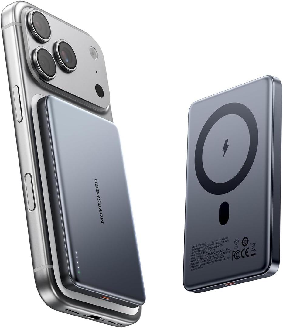 MOVE SPEED 0.5'' 10,000mAh Magnetic Power Bank, MagSafe Portable Charger iPhone 17 Air Accessories,Magsafe Battery Pack for iPhone 17 Pro Max Air/16/15/14/13/12,Travel Essential,Glacier Gray