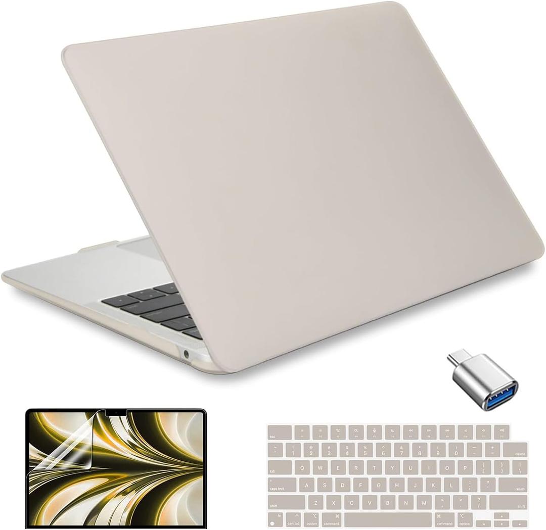 Compatible with MacBook Air 13.6 inch Case 2022 2024 2025 M2 M3 M4 Model A2681 A3113 A3240, Plastic Hard Shell Case & Keyboard Cover Screen Protector USB Adapter, Cream Stone