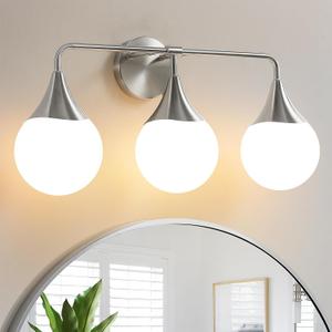 Bathroom Vanity Light Fixtures: Brushed Nickel 3-Light Mid Century Modern Bathroom Lighting Fixtures Over Mirror - Wall Sconce with Milky White Globe Glass for Bath Living Room