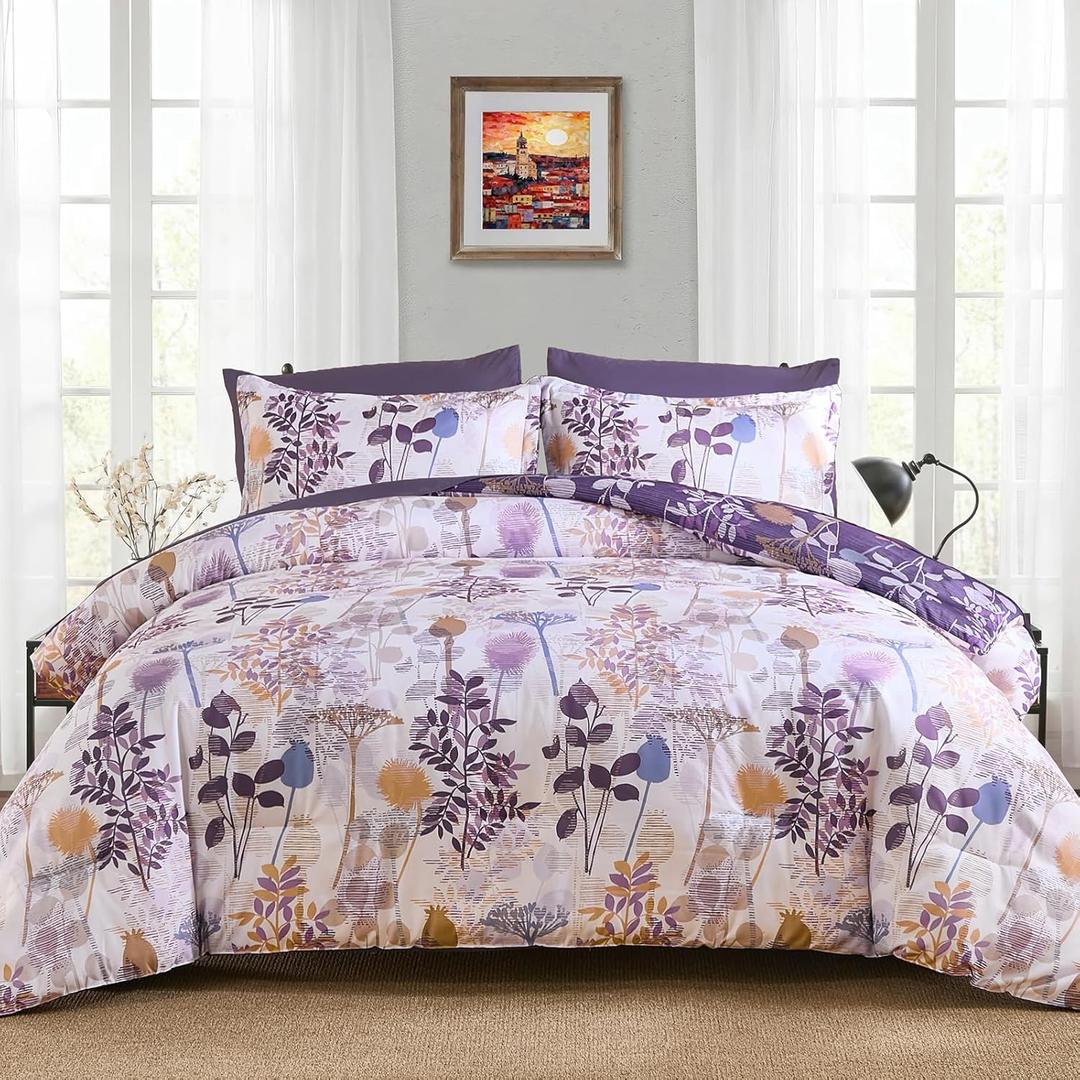 Anibedding 7Pieces Queen Comforter Set, Purple Botanical Bed in a Bag Complete Set with Sheet Pillowcase for Bedroom All Season