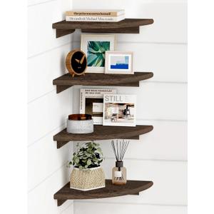 Forbena Floating Corner Shelves for Wall Set of 4, Small Corner Bookshelf for Bedroom Books, Round Wooden Corner Shelf Wall Mount for Bathroom Plants, Kitchen, Living Room Decor (Dark Brown) (10" Depth, 3. Rustic Brown)