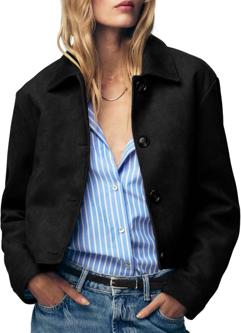 Women's Faux Suede Cropped Jackets Button Down Coat Cropped Casual Jacket Fall Fashion Outerwear Trendy Clothes (Medium, Black)