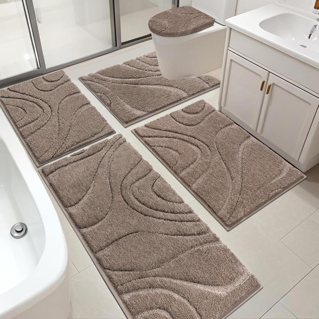 HEBE Bathroom Rugs Sets 5 Piece, Soft Absorbent Microfiber Bath Mat for Bathroom, Non Slip Washable Bath Rug Set with Toilet Cover, Bath Runner and U-Shaped Contour Toilet Rug, Coffee (18"x26"+20"x32"+20"x48"+U20"x24"+Cover19"x21", Brown)