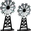 Set of 2 Wooden Farmhouse Windmill Table Top Decor Wood Small Distressed Black Grey Rustic Windmill Themed Table Decor for Kitchen Garden Home