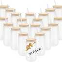 20 Pack Sublimation Blank Beer Glass Cup Can Shaped Frosted with Bamboo Lids Borosilicate Glasses Tumbler Mason Jar Cups Mug with Glass Straw for Beer, Juice, Soda, Iced Coffee, Drinks 16oz