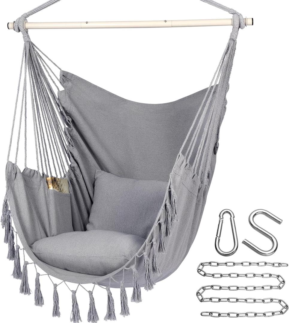 Y- STOP Hammock Chair Hanging Rope Swing, Max 500 Lbs, 2 Cushions Included, Large Macrame Hanging Chair with Pocket for Superior Comfort, with Hardware Kit (Light Grey)