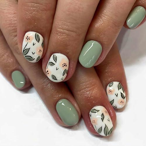 Spring Press on Nails - Short Square Fake Nails with Flower & Leaf Designs, Green False Nails Full Cover Summer Glue on Nails Reusable Stick on Nail for Women Manicure 24Pcs