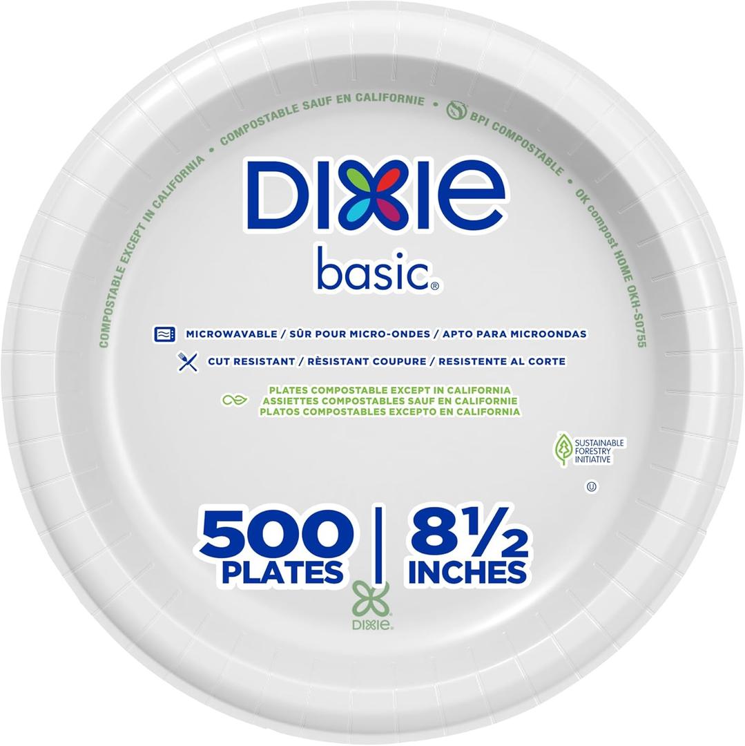 Dixie Basic 8.5 Inch Light-Weight Paper Plates by GP PRO, White, 500 Count (125 Disposable Plates Per Pack, 4 Packs Per Case), DBP09W