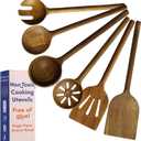 Non-Toxic Cooking Utensils 6-Piece Kitchen Utensils Set, Glue-Free & One-Piece Wooden Spoons for Cooking, Natural Wooden Utensil Set with Plant-Based Finish, Free of Forever Chemicals