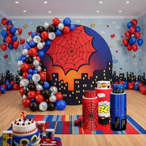 146 Pcs Spiderweb Party Decorations Kit, 7.2 ft Round Arch Backdrop Cover Black Red Blue Cylinder Stand Covers with Balloons for Birthday Spider Theme Party Backdrop Decorations