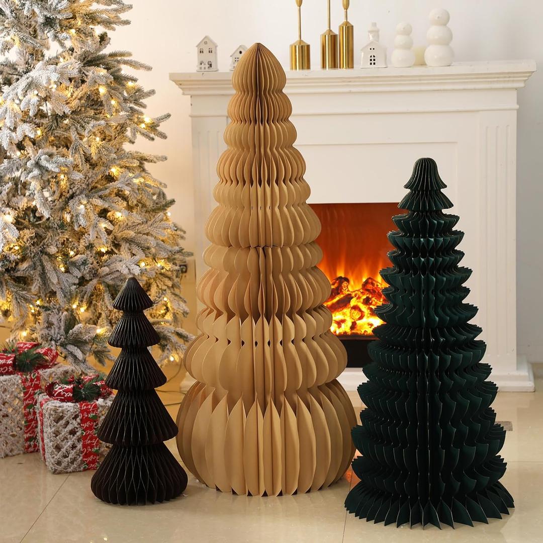 3 Pcs Large Honeycomb Christmas Tree - 4ft 3ft 2ft Paper Christmas Folding 3D Home Decoration Set with Magnetic Design for Winter Holiday Festive Party (Classic,Beige,Green,Brown)