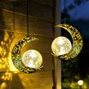 Hanging Solar Lights Outdoor Lanterns Garden Decorations, 2 Pack Moon Lights with Cracked Glass Globes Outside Decor for Backyard Balcony Patio Tree ,Unique Mother's Day Gifts for Women Mom